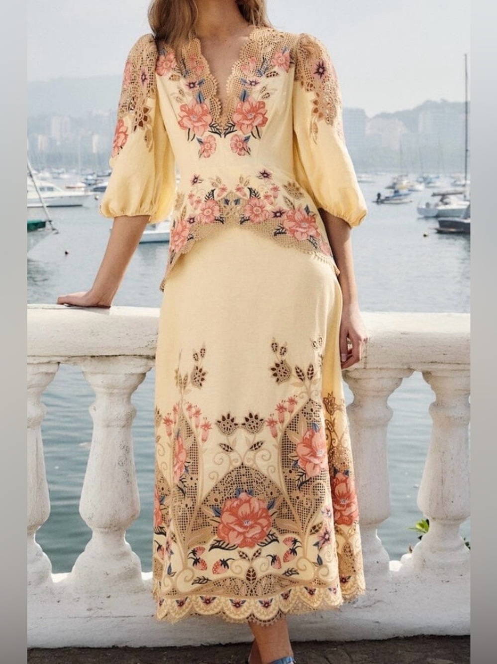 FARM Rio Butter Yellow Embroidered Midi Dress
